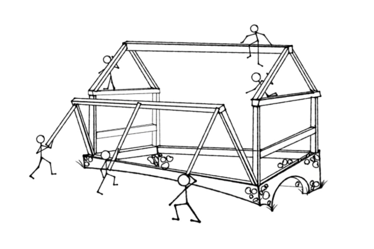 A sketch of stick figures building the frame of a house